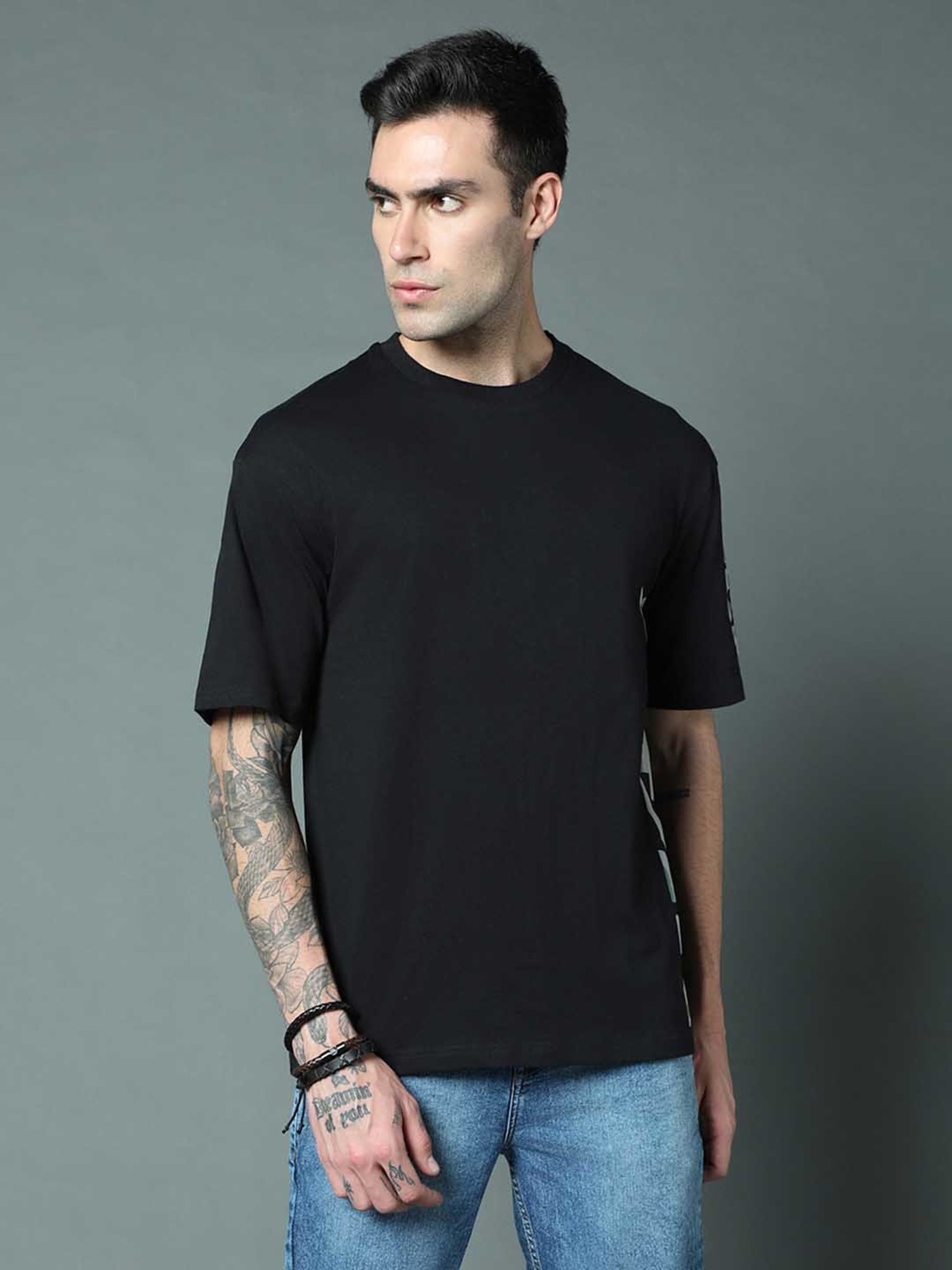 High Star Black Relaxed Fit Printed Crew T-Shirt