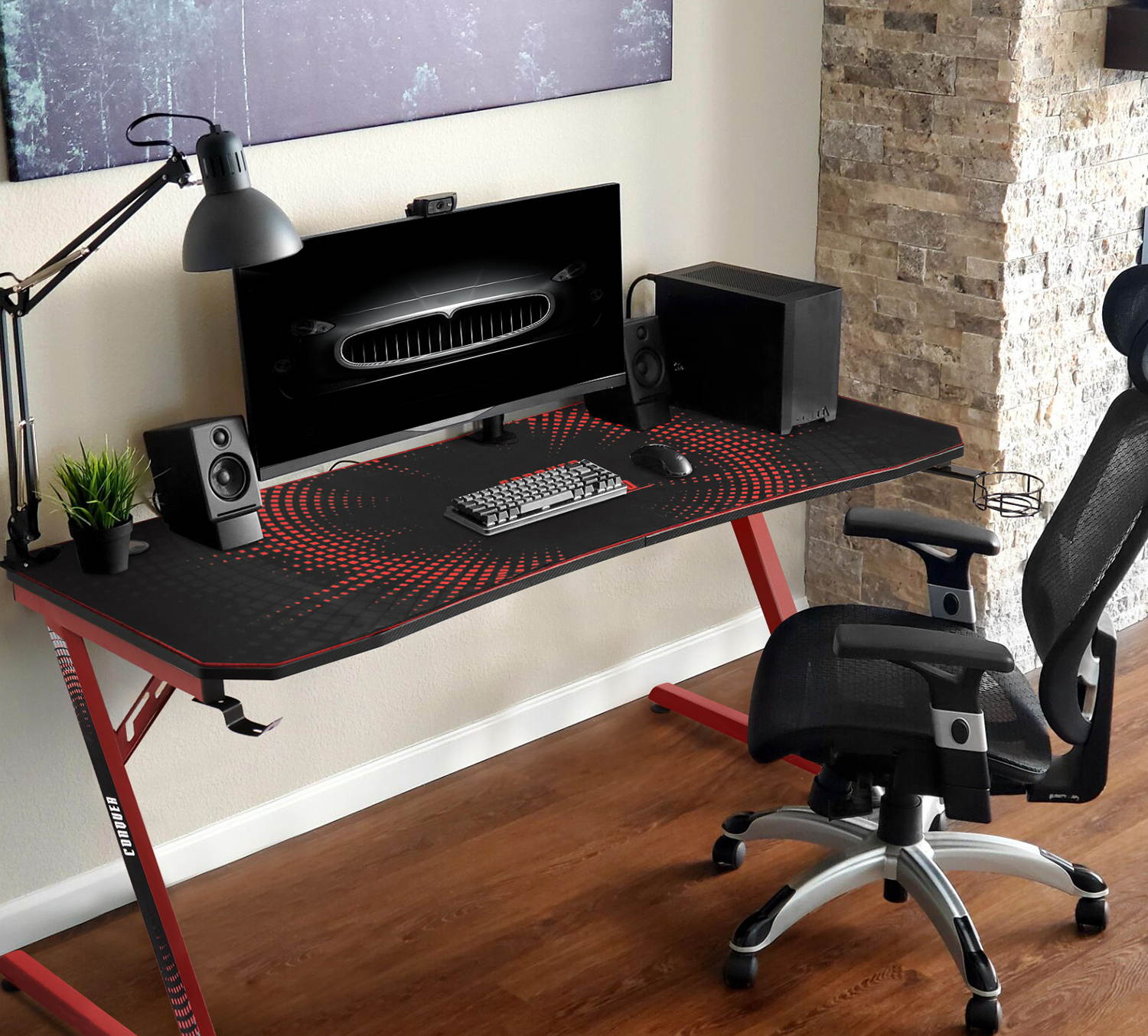 Devoko Gaming Desk 55 Inch Computer Gaming Desk Z-Shaped Pc Gaming Desk with Carben Fiber Surface Gamer Desk with Free Mouse Pad Home Office Desk with Cup Holder and Headphone Hook (Black)