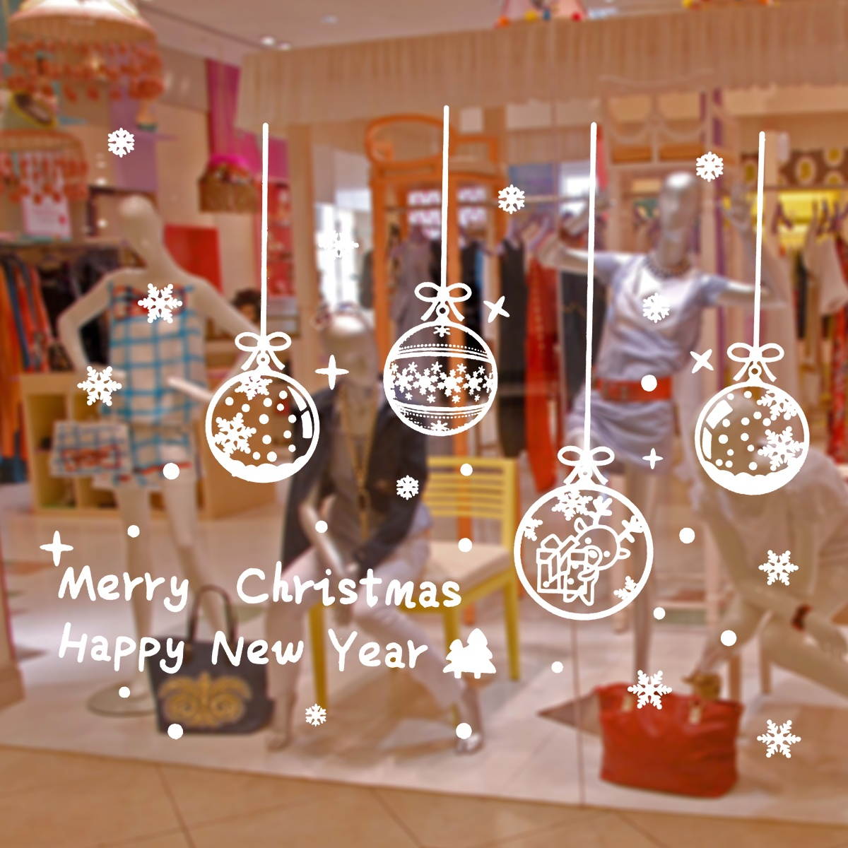 Removable Merry Christmas Vinyl Window Stickers Christmas Baubles Snowflakes DIY Showcase Window Clings Glass Door Stickers Mural Decals for Christmas New Year Home Decor 60 x 45 cm