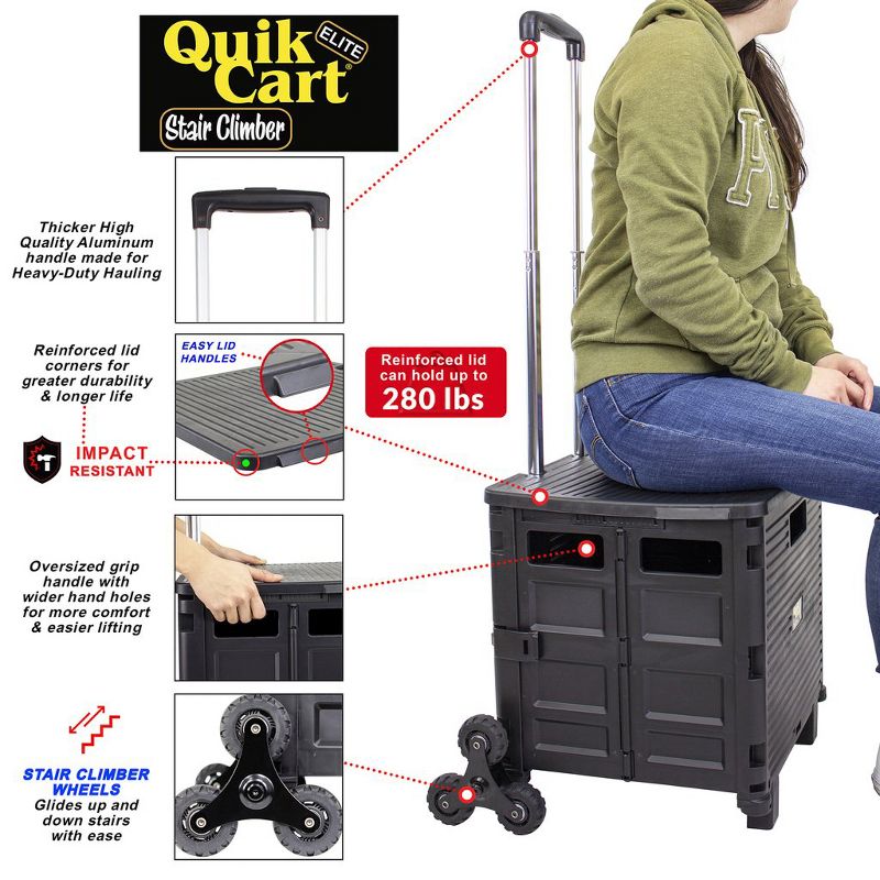dbest products 01-853 Quick Cart Elite Stair Climber Collapsible Foldable Rolling Utility Dolly Basket Tote for Tools, Files, and Art Supplies, Black