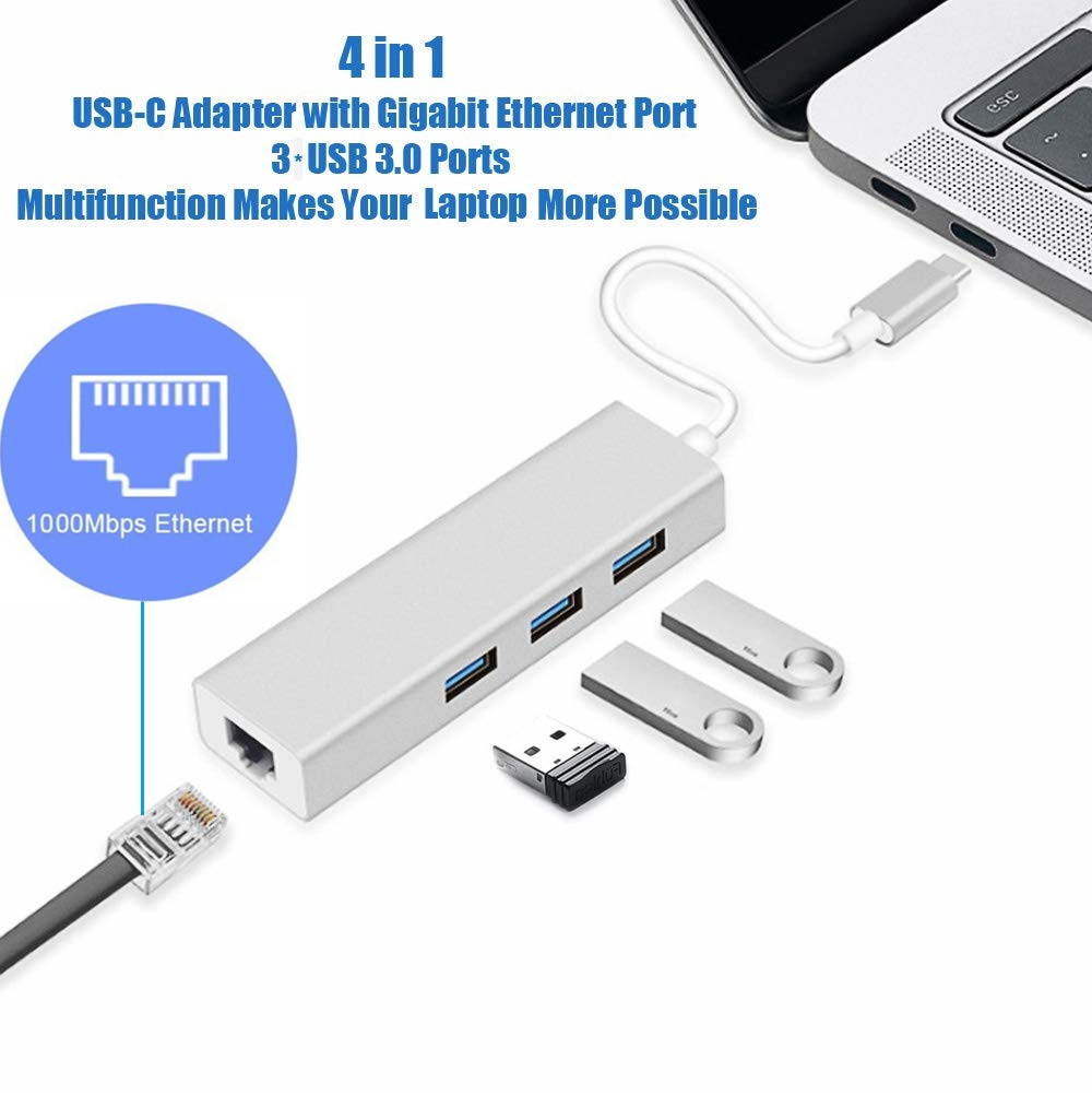 4 in 1 USB C HUB with Gigabit RJ45 3 x USB 3.0 HUB, Type-C Transfer Cable 3 USB3.0 Ports HUB 1000Mbps Free Drive Network Card, Type-C to 1000M LAN 3 x USB 3.0 Dongle.