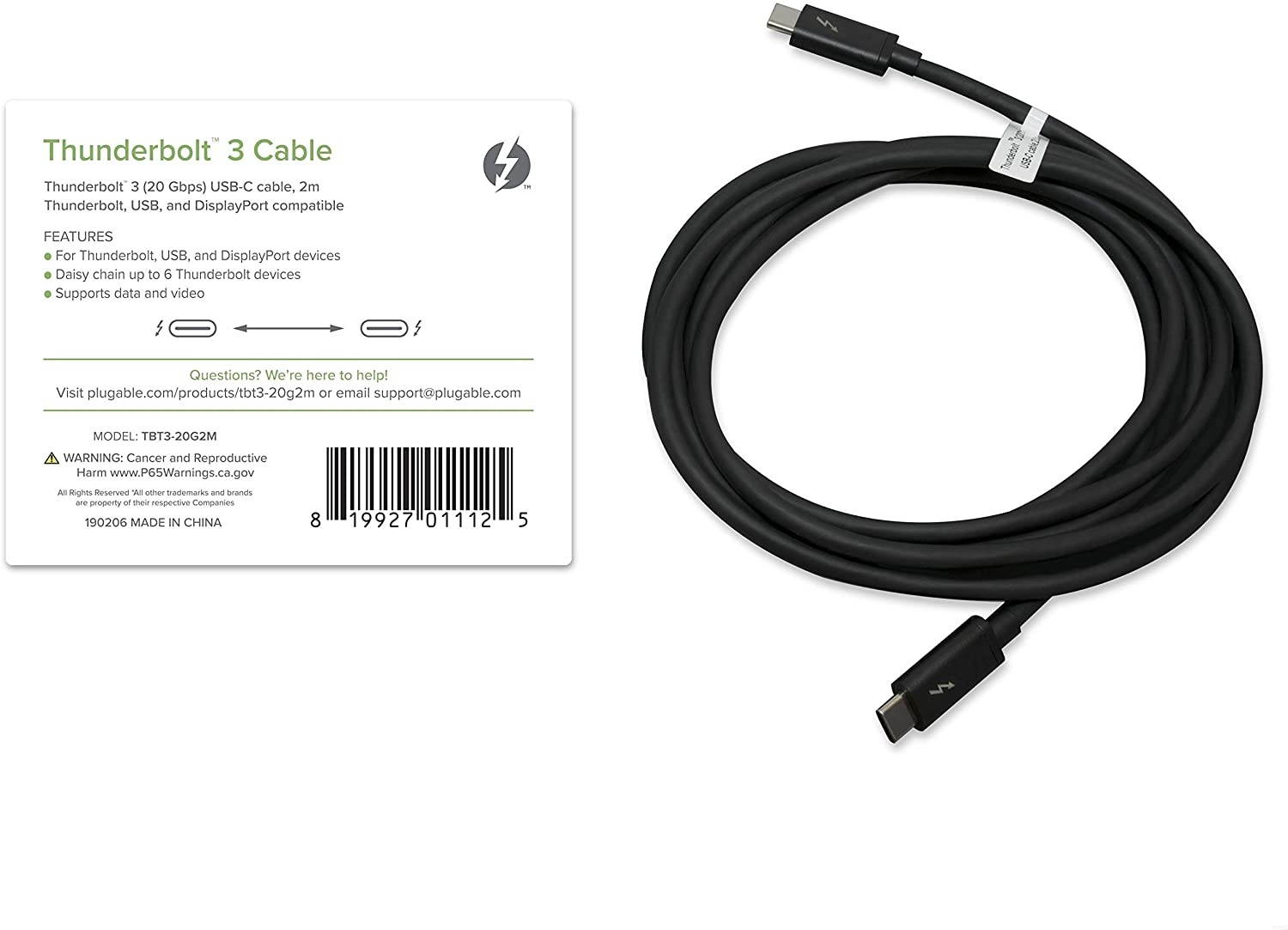 Plugable Thunderbolt 3 Cable 20Gbps Supports 100W (20V 5A) Charging 6.6ft / 2m USB C Compatible [Thunderbolt 3 Certified]