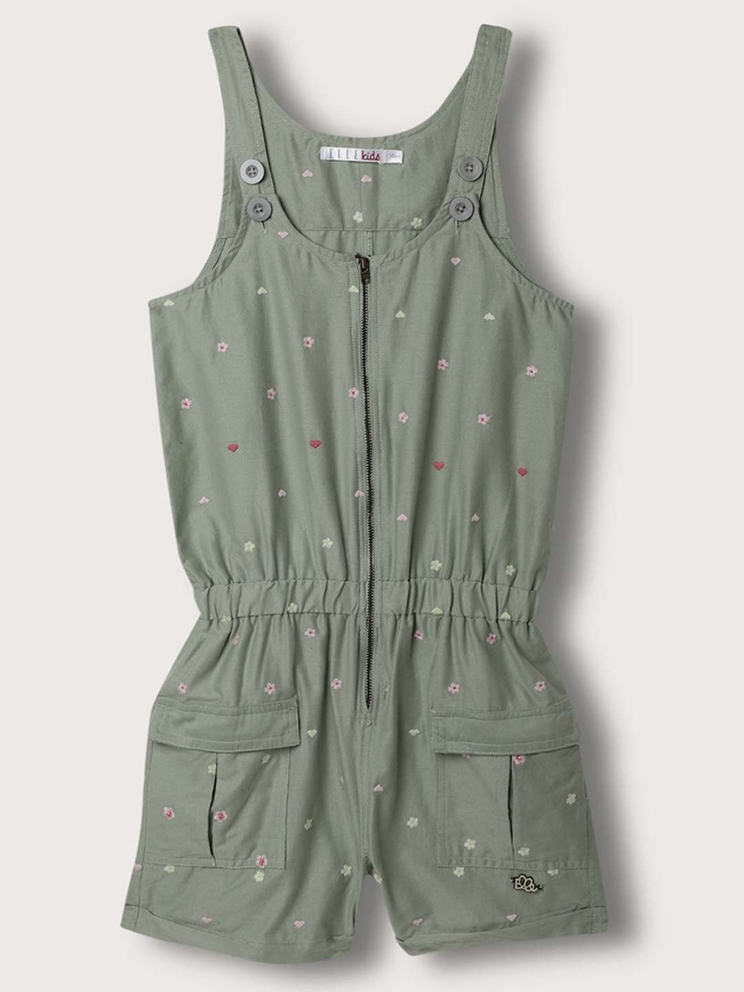 Elle Kids Olive Cotton Embroidered Jumpsuit