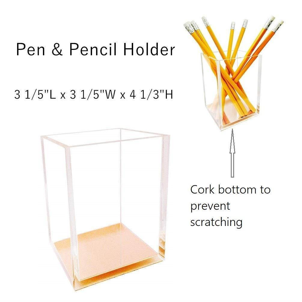 UNIQOOO 5 Count Super Thick Clear Acrylic Gold Finish Stationery Set - Desk Stapler, Pen Holder, Tape Dispenser, Memo Case, Paper Clips- Great for Modern Office, Arts Lover, Calligrapher, Xmas Gift