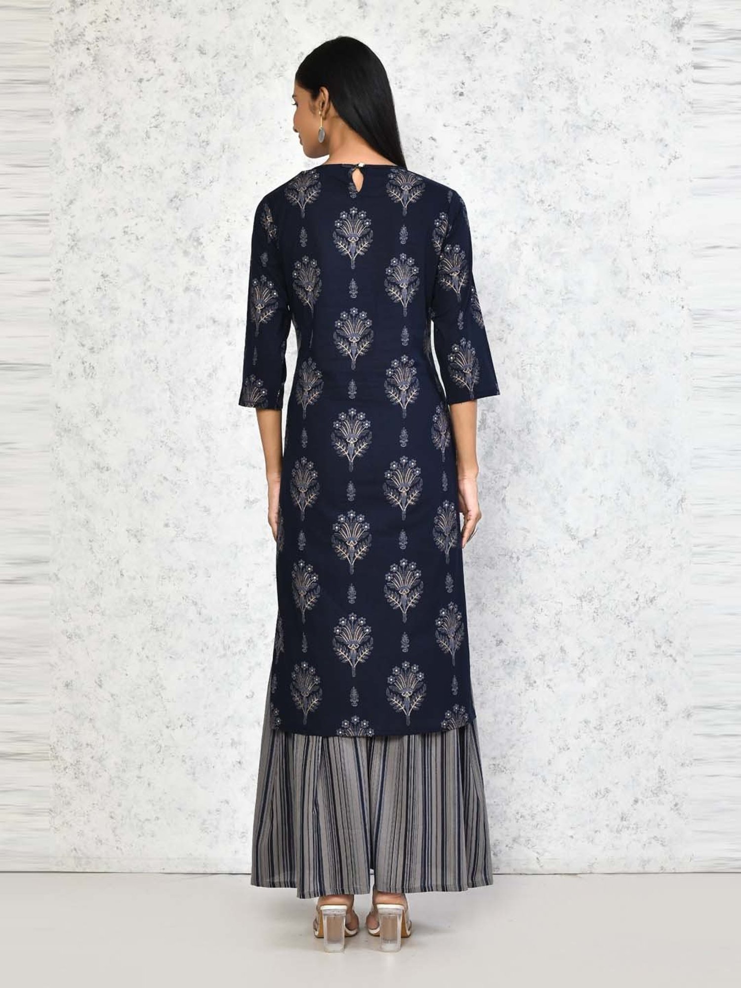 Miravan Blue Cotton Printed Kurta Sharara Set