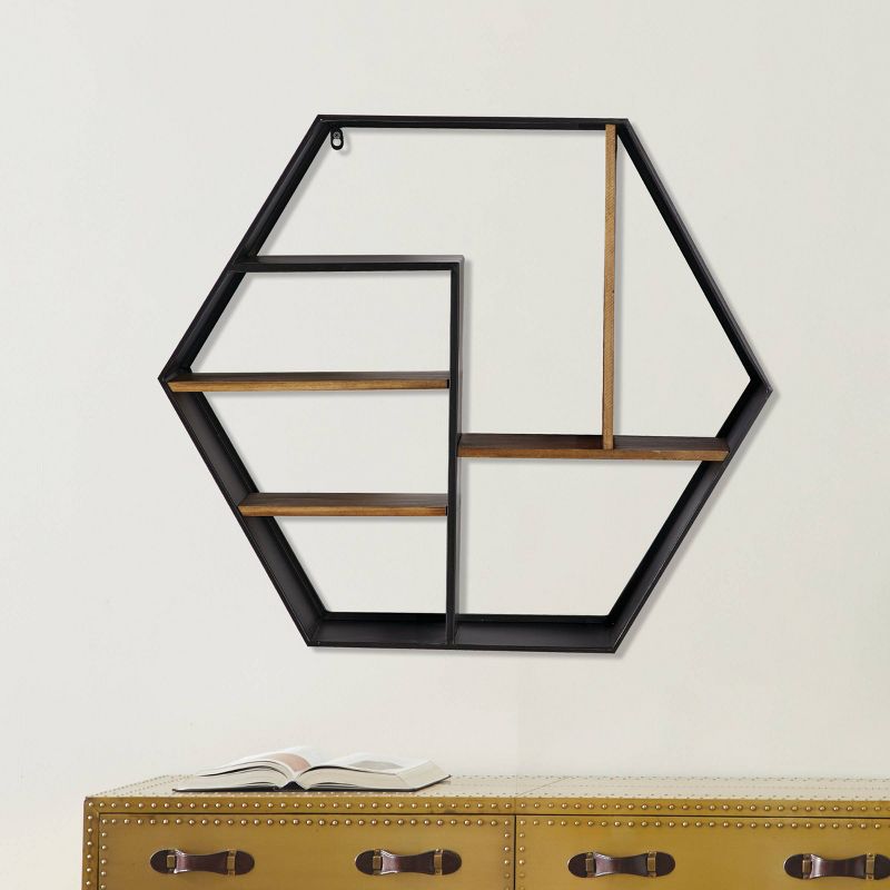 29.5"x 25.75" Metal and Wood Octagon Wall Shelf Black - Olivia & May