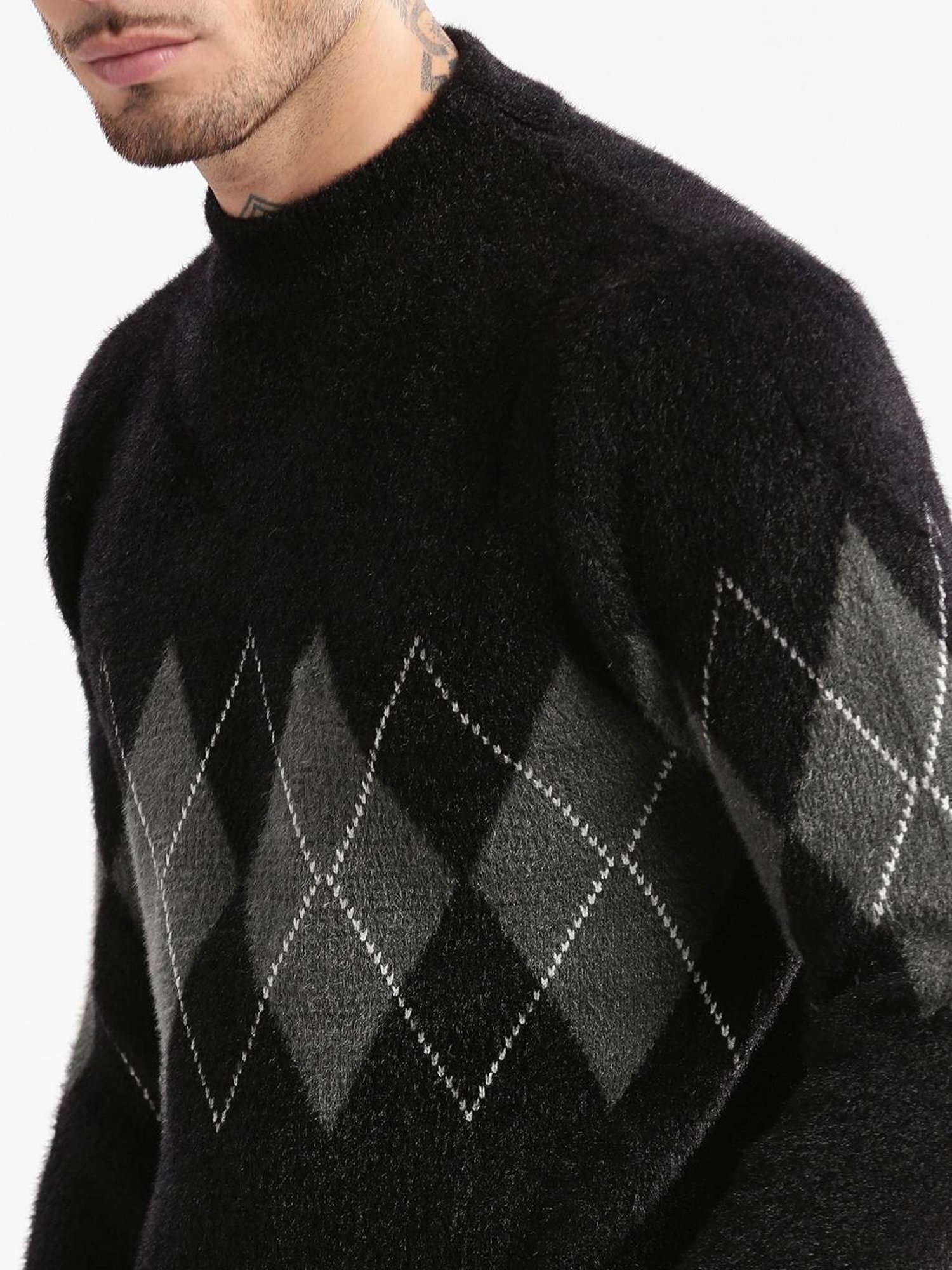 Showoff Black Slim Fit Printed Sweater
