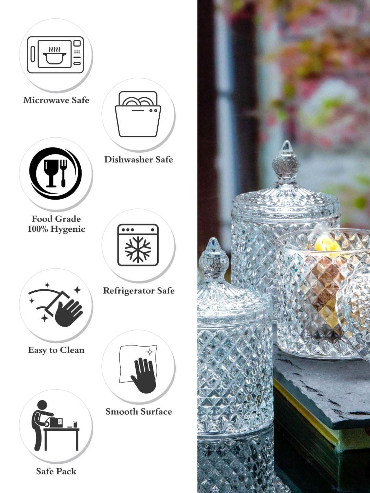 Goodhomes Transparent Glass Candy Jar with Lid (0.28 L) - Set of 4