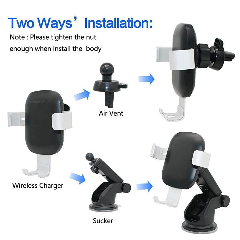 Car Charger Mount QI Fast Charging Auto Clamping Phone Holder Air Vent Compatible with Samsung Galaxy S10 S9 S8 S7 Edge Note 8 5 + iPhone X Xs Max 8 Plus