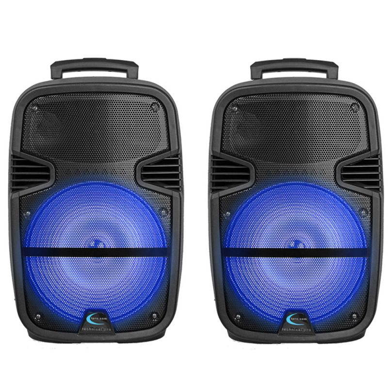 (Pack of 2) Technical Pro 3000 Watts Rechargeable 15 Inch Bluetooth LED Portable PA Speaker, Bluetooth Range 30 Feet, built-in LCD Screen, Great for Party, Event, Tailgate, and More