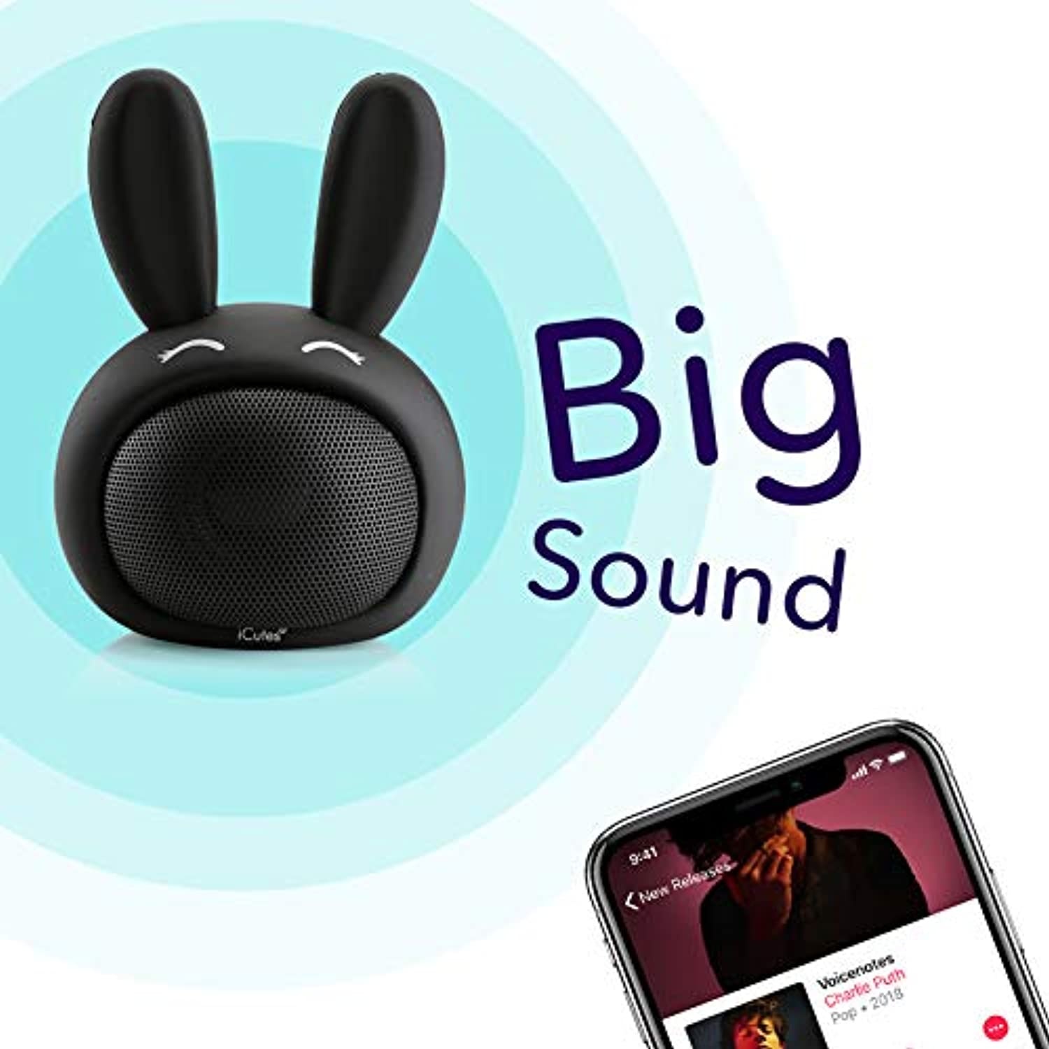 HUGMO Black Bunny Compact Bluetooth Portable Speaker, USB Rechargeable Battery, Built-in Microphone