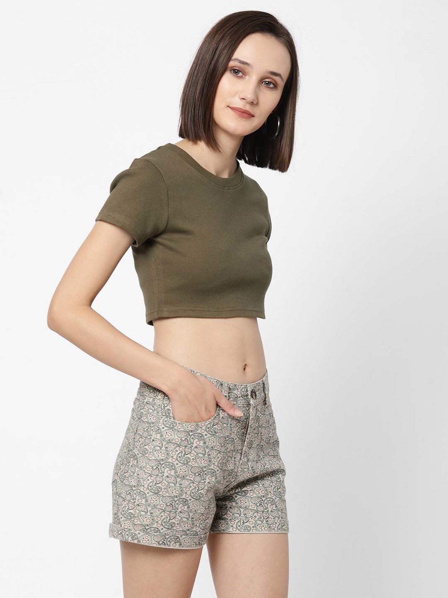 VASTRADO Olive Green Cotton Crop Top