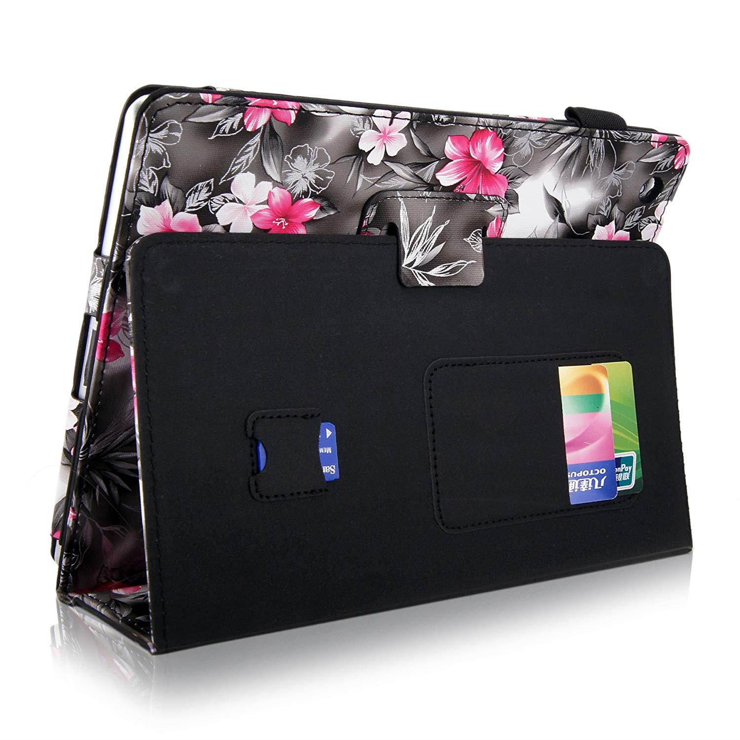 Cellularvilla Case for Apple iPad 2/3/4 iPad 1 iPad 2 iPad 3 iPad 4 Genration Black Pink Flower Pu Leather Flip Folio Elastic Hand Strap Card Holder Stand Case Cover Protector