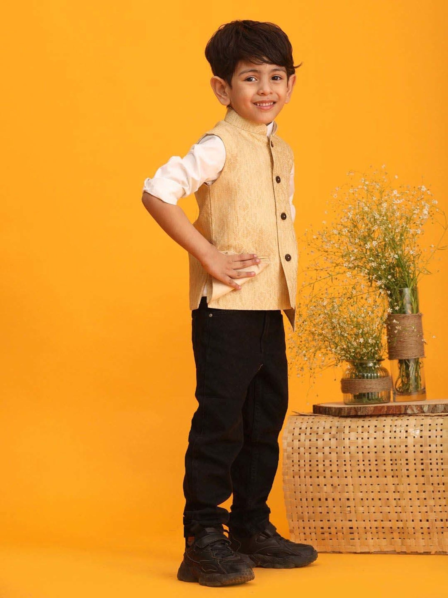 AJ Dezines Kids Black Embellished Full Sleeves Sherwani with Pants