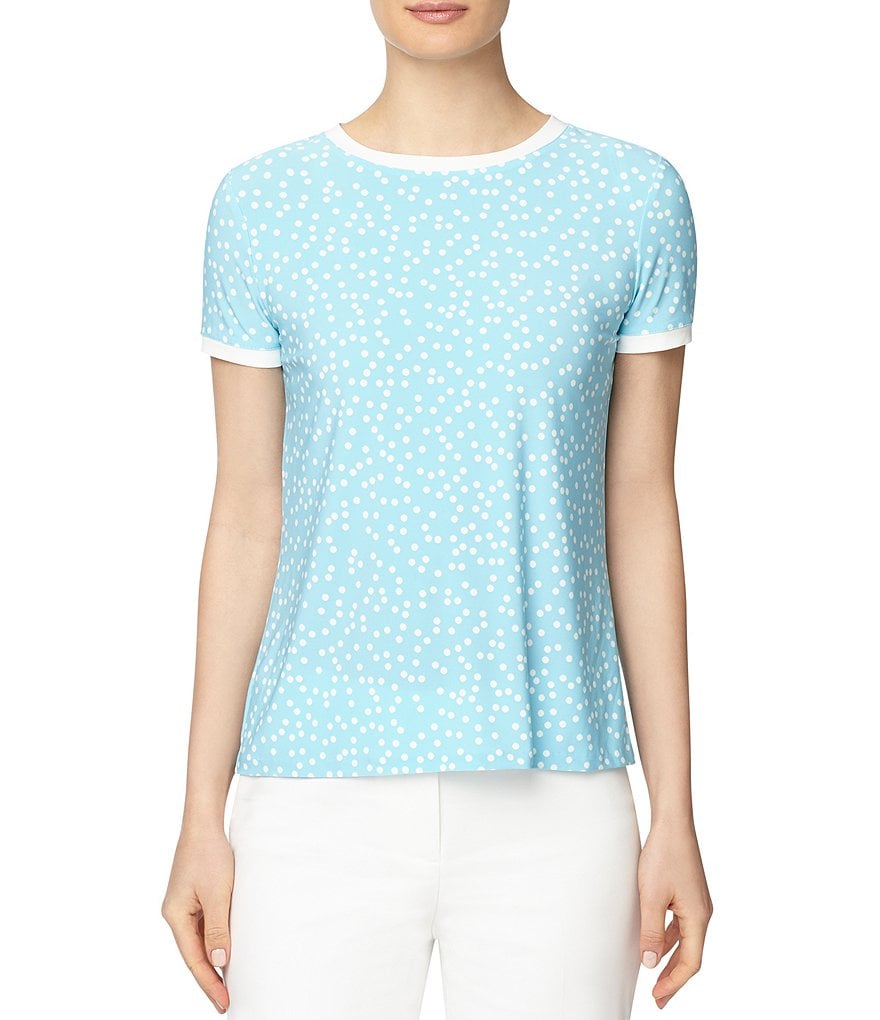 Anne Klein Stellar Dot Short Sleeve Jewel Neck Jersey Knit Button Back Top