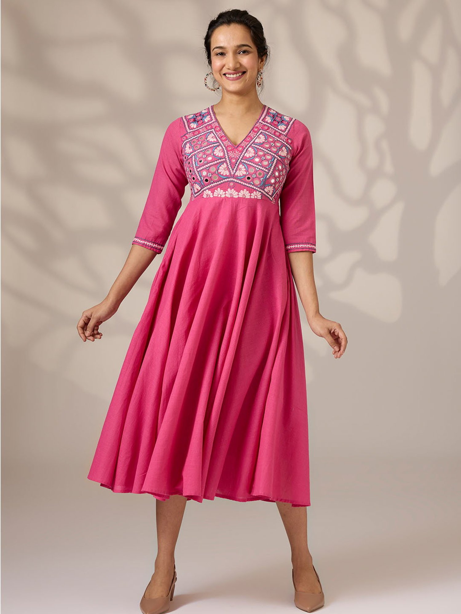 Okhai Pink Cotton Embroidered Ethnic Dress