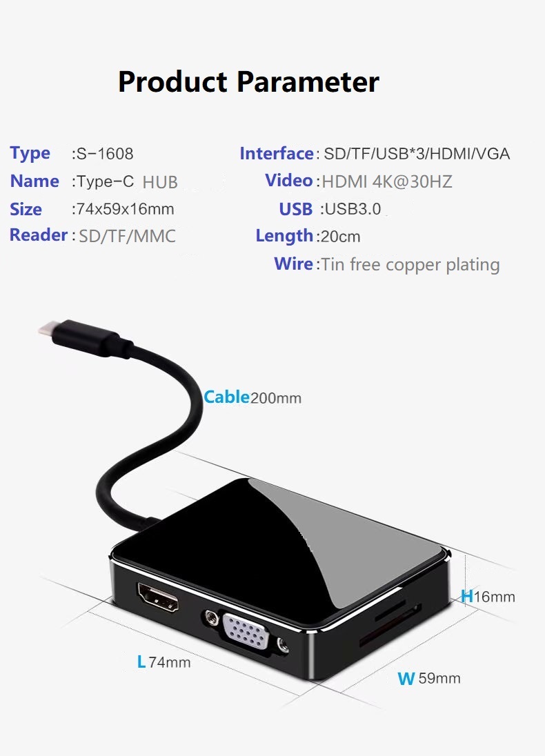 7in1 Type-C to HDMI VGA 3 x USB3.0 Adapter with SD/TF Card Reader and Glass Surface, 7-in-1 USB-C HUB with HDMI VGA USB SD TF Port, USB C to 4K HDMI VGA 3 USB 3.0 SD/TF Card Reader Dock.
