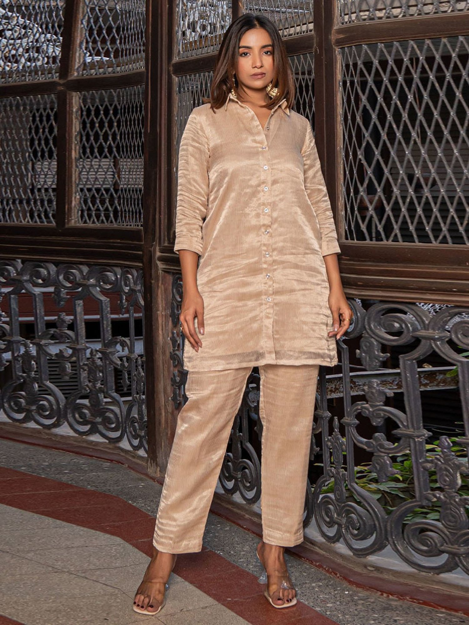 Eeshva India Nazreen - Ivory/Gold Pure Tissue Co-Ord Set