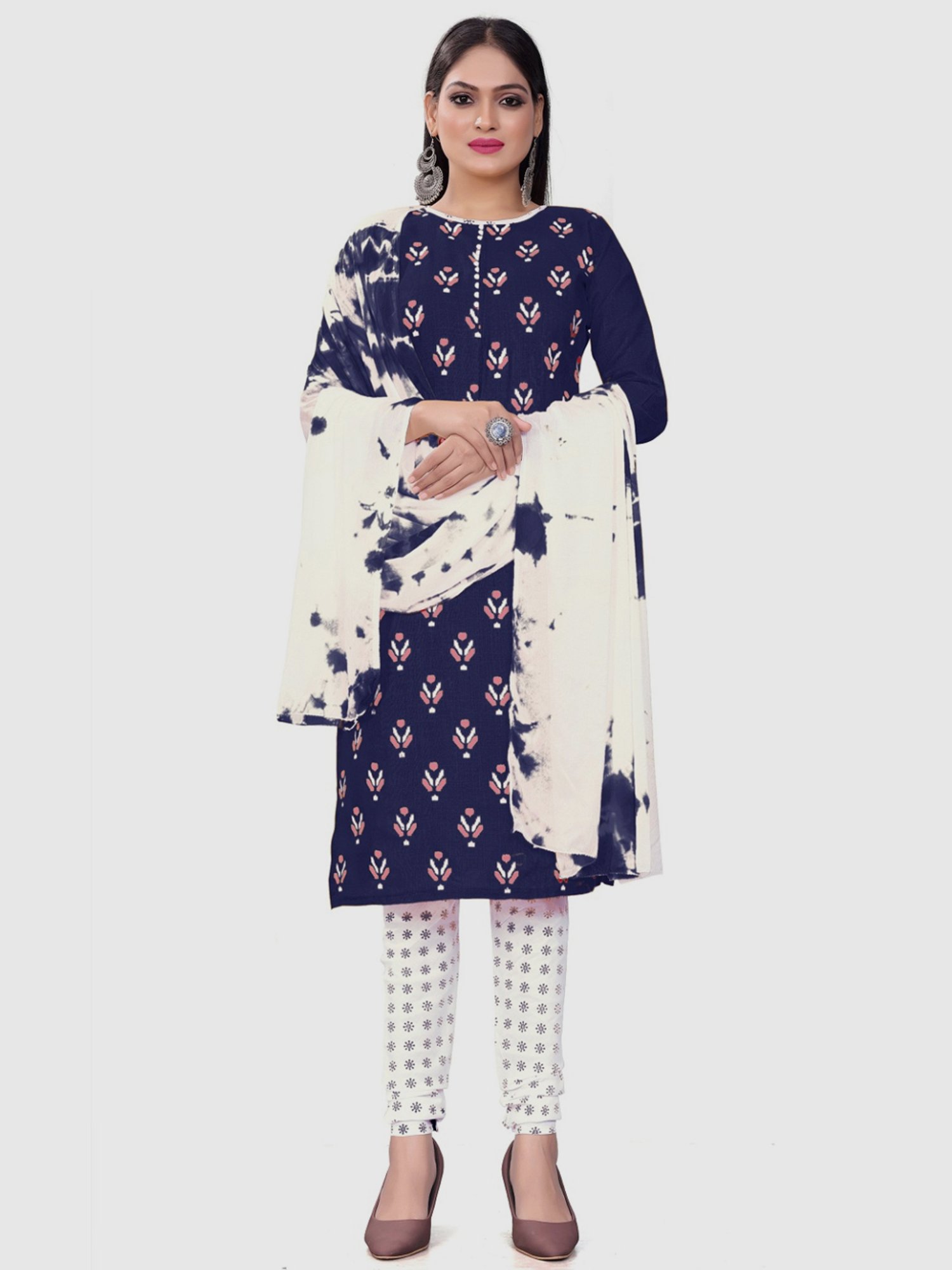 APNISHA Navy & White Cotton Printed Unstitched Dress Material