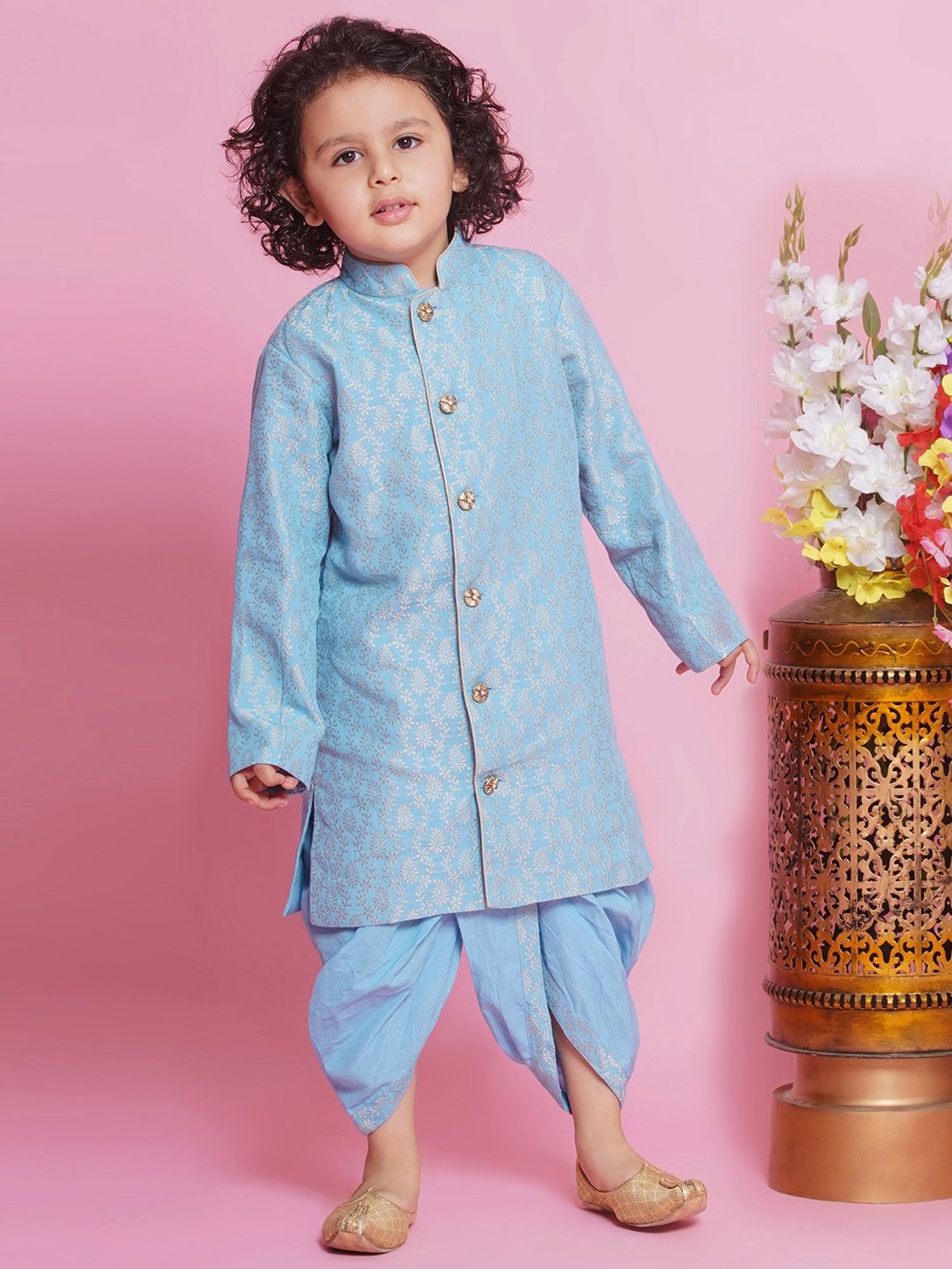 Little Bansi Kids Blue Embroidered Full Sleeves Sherwani with Dhoti