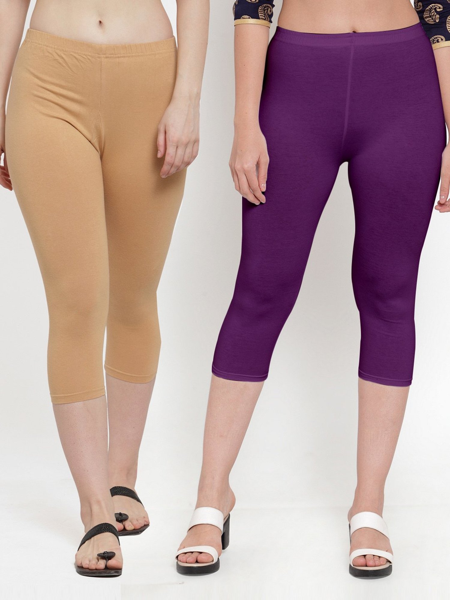 Gracit Beige & Purple Mid Rise Capris - Pack Of 2