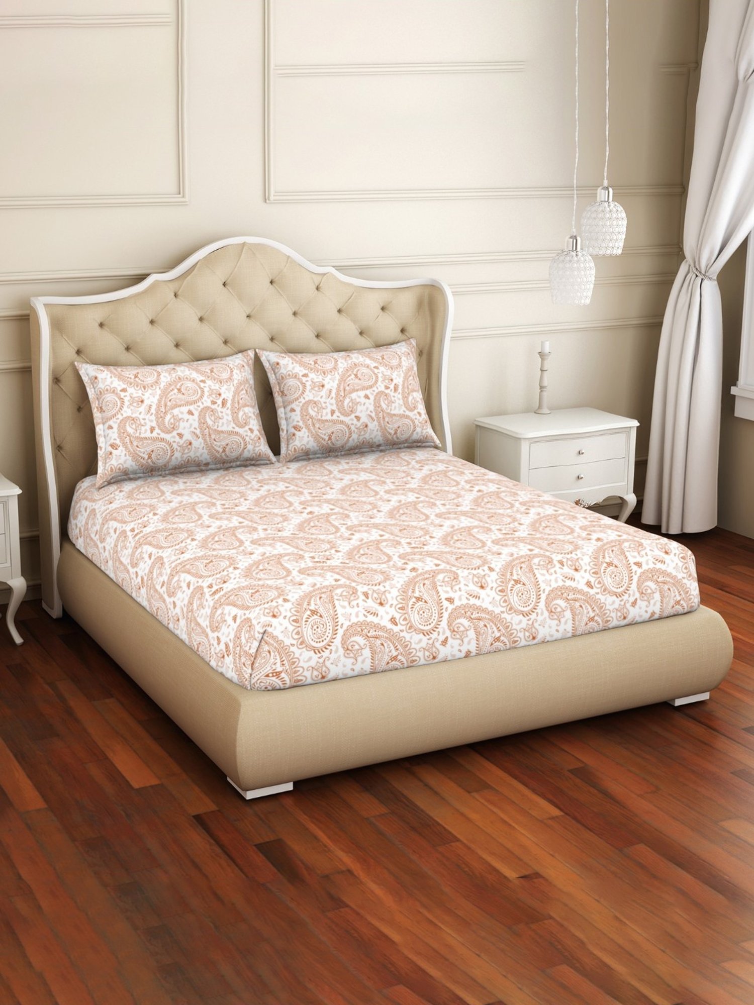 Welspun 2-In-1 Abstract Orange 150 TC Cotton King Flat Bedsheet with 2 Pillow Covers