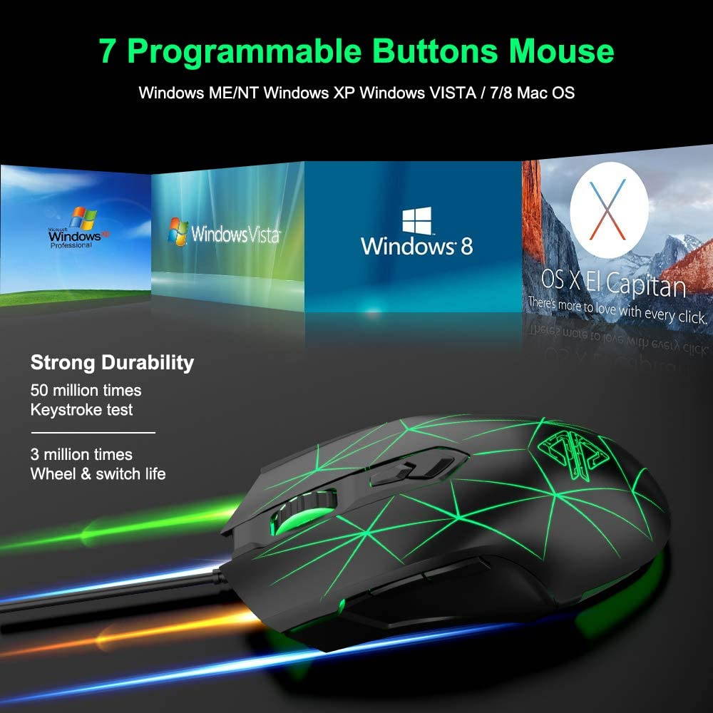 Gaming Mouse Wired, USB Optical Computer Mice with RGB Backlit, 2 Adjustable DPI Up to 2400, Ergonomic Gamer Laptop PC Mouse   for Windows 7/8/10/XP -Black