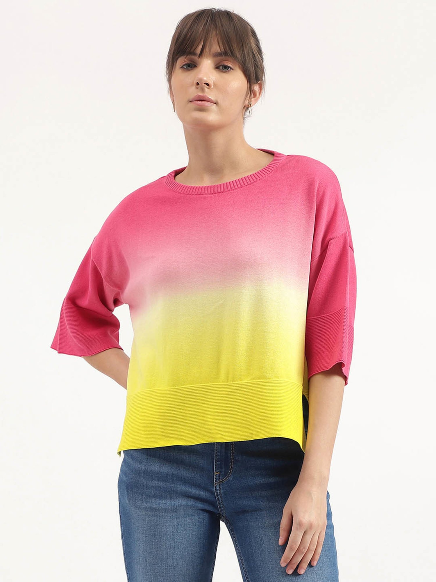 United Colors of Benetton Yellow & Pink Cotton Tie-Dye Top