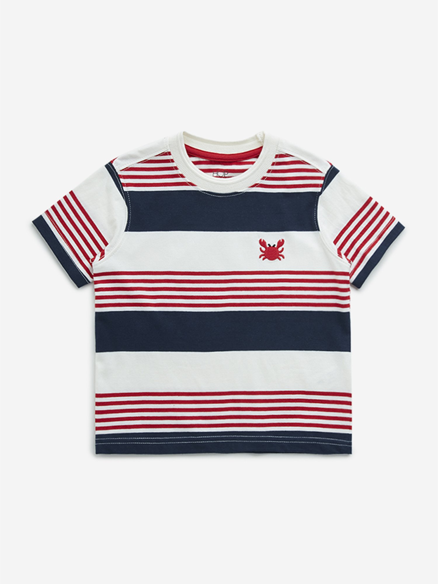 HOP Kids by Westside Navy Striped Crab Design Cotton T-Shirt