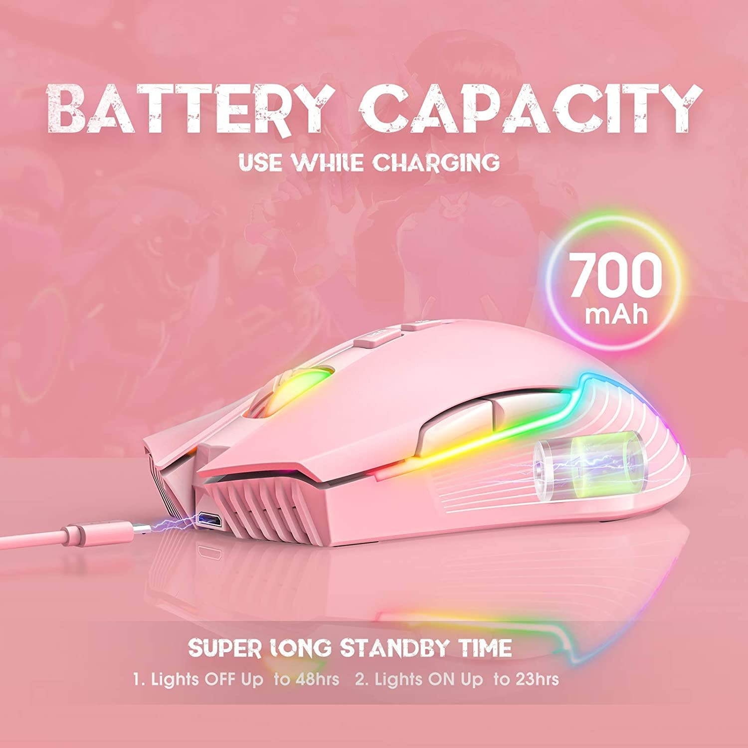 ONIKUMA RGB Wireless Gaming Mouse Rechargeable Computer Mice with RGB Backlit 5 Adjustable DPI Up to 3600 Ergonomic Laptop PC Mouse with 7 Buttons (Not Programmable) for Windows Vista Linux Pink