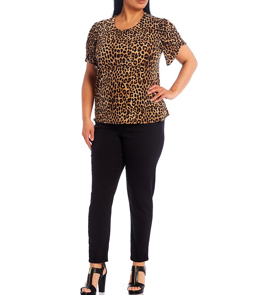 MICHAEL Michael Kors Plus Size Cheetah Print Lux Matte Jersey Round Neck Tulip Short Sleeve Top