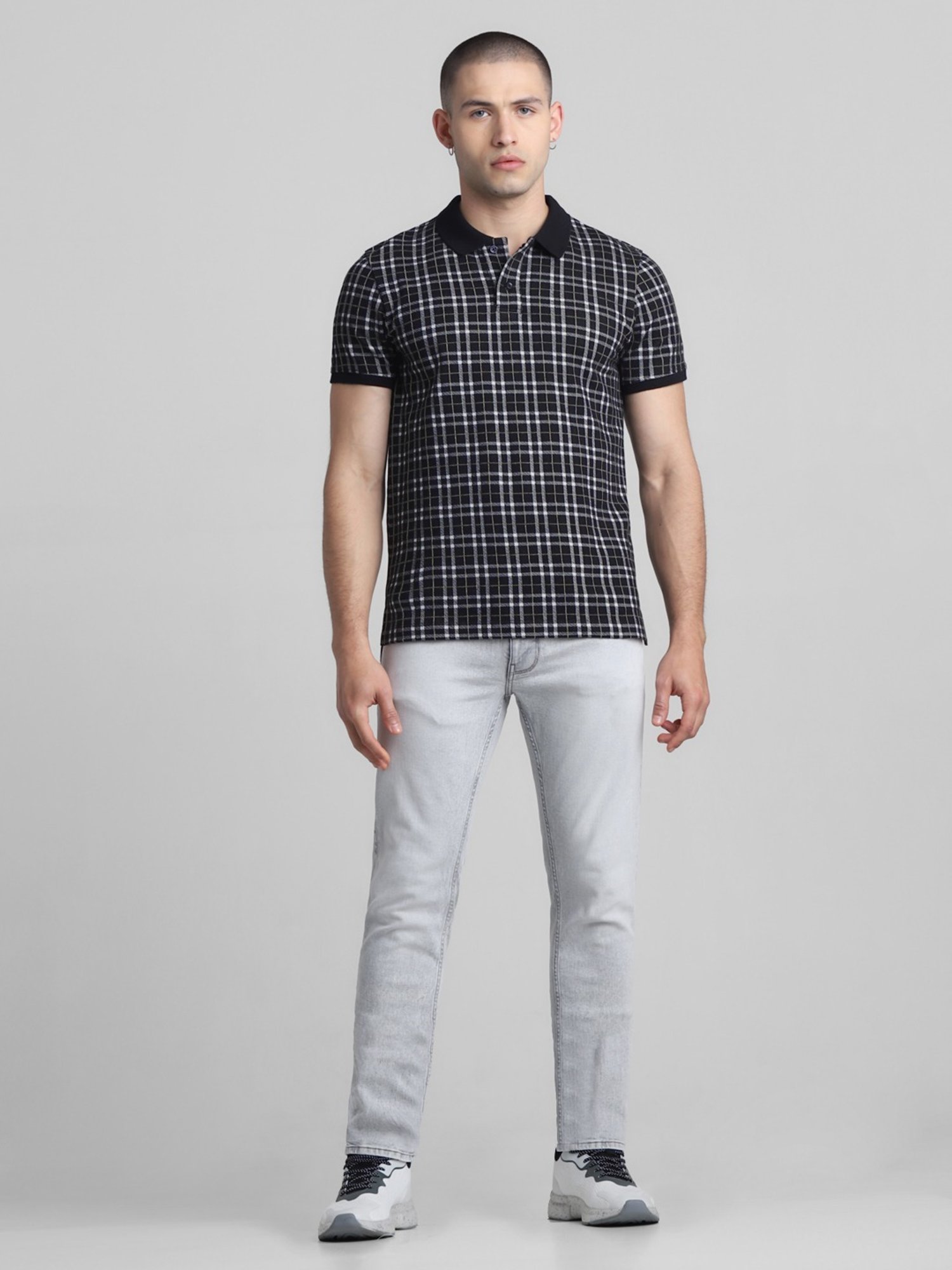 Jack & Jones Jet Black Cotton Regular Fit Checks Polo T-Shirt