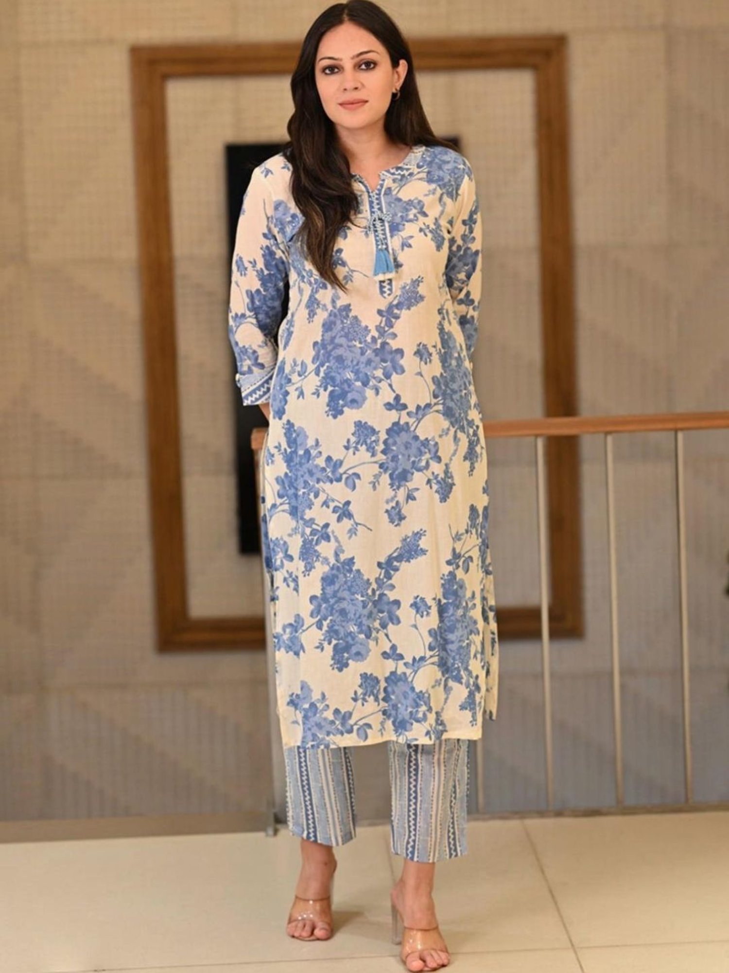 Mahee Jaipur White Base Flamingo Blue  Floral Print Super Soft Cotton Kurta and Pant
