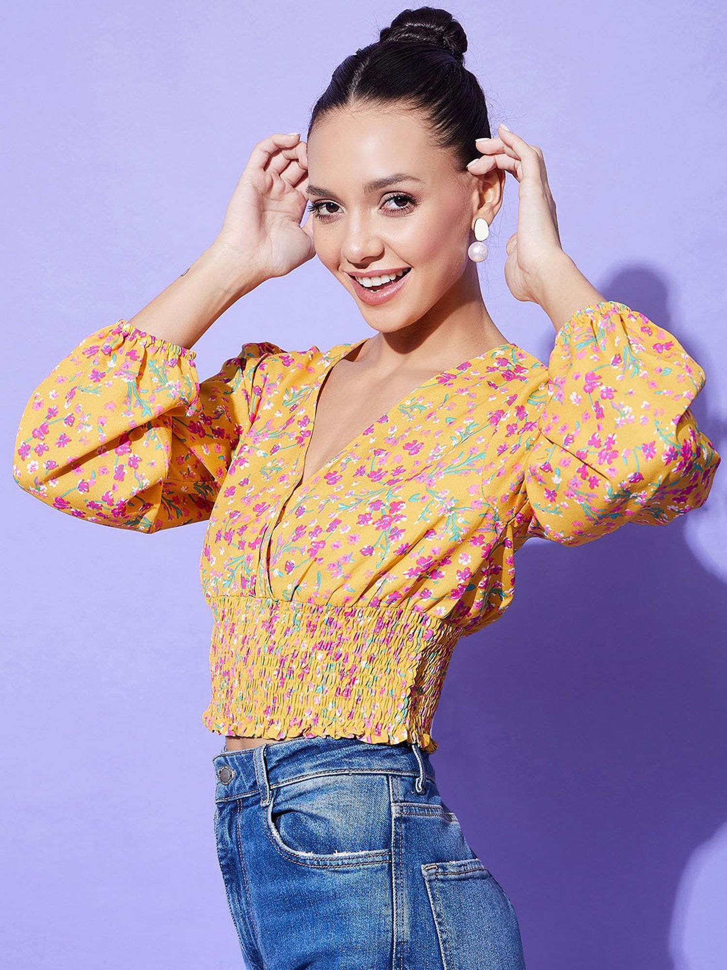 StyleStone Yellow Printed Crop Top