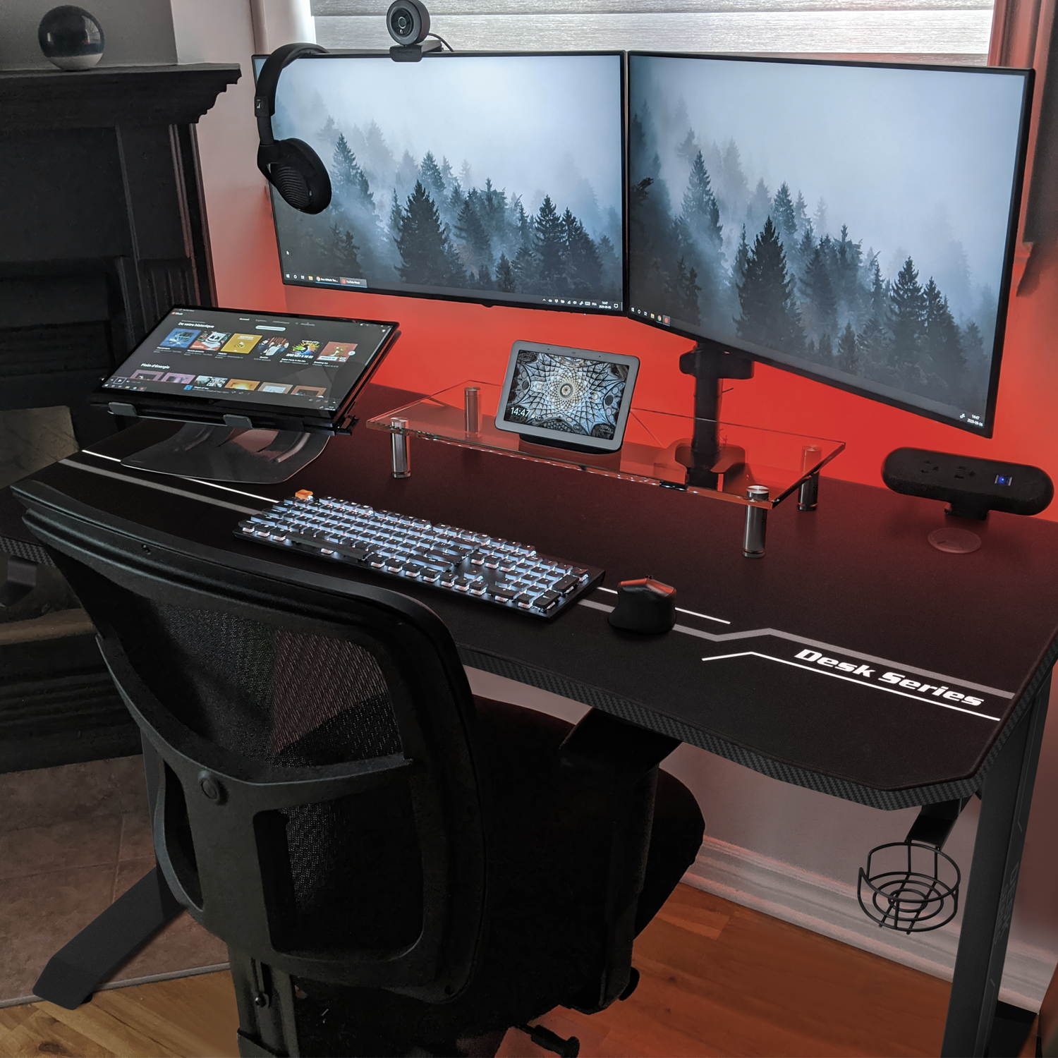 Furmax 43 Inch Gaming Desk T-Shaped PC Computer Table, Home Office Desk Carbon Fiber Surface Workstation with Free Full Coverage Mouse Pad, Cup Holder and Headphone Hook (Black)