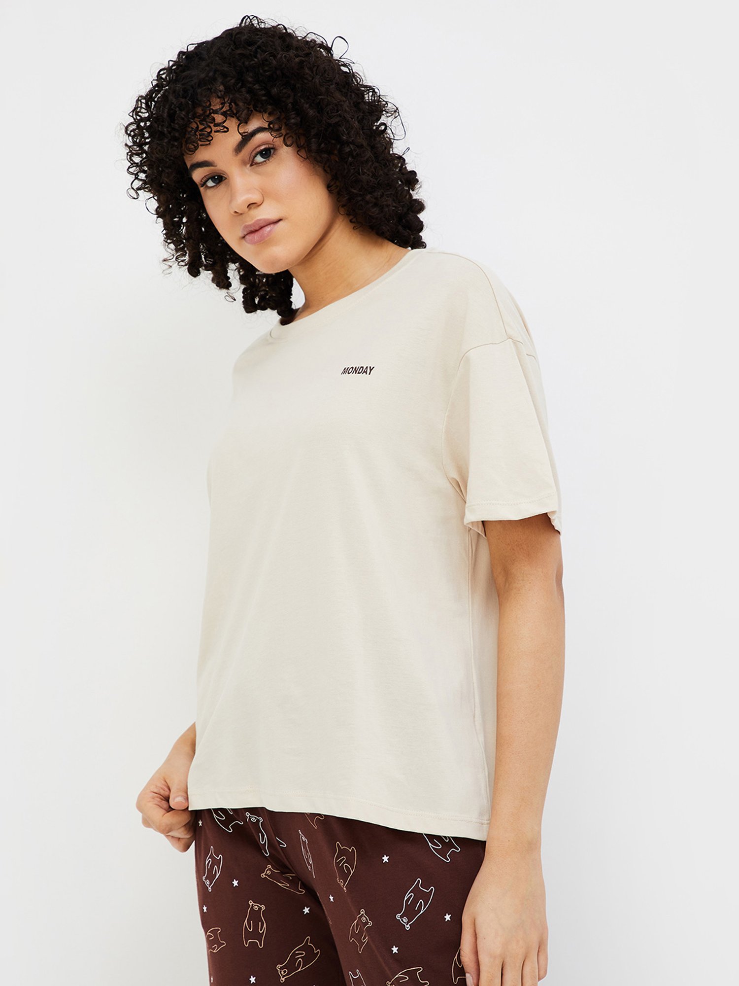 Ginger by Lifestyle Beige Cotton Graphic Print T-Shirt