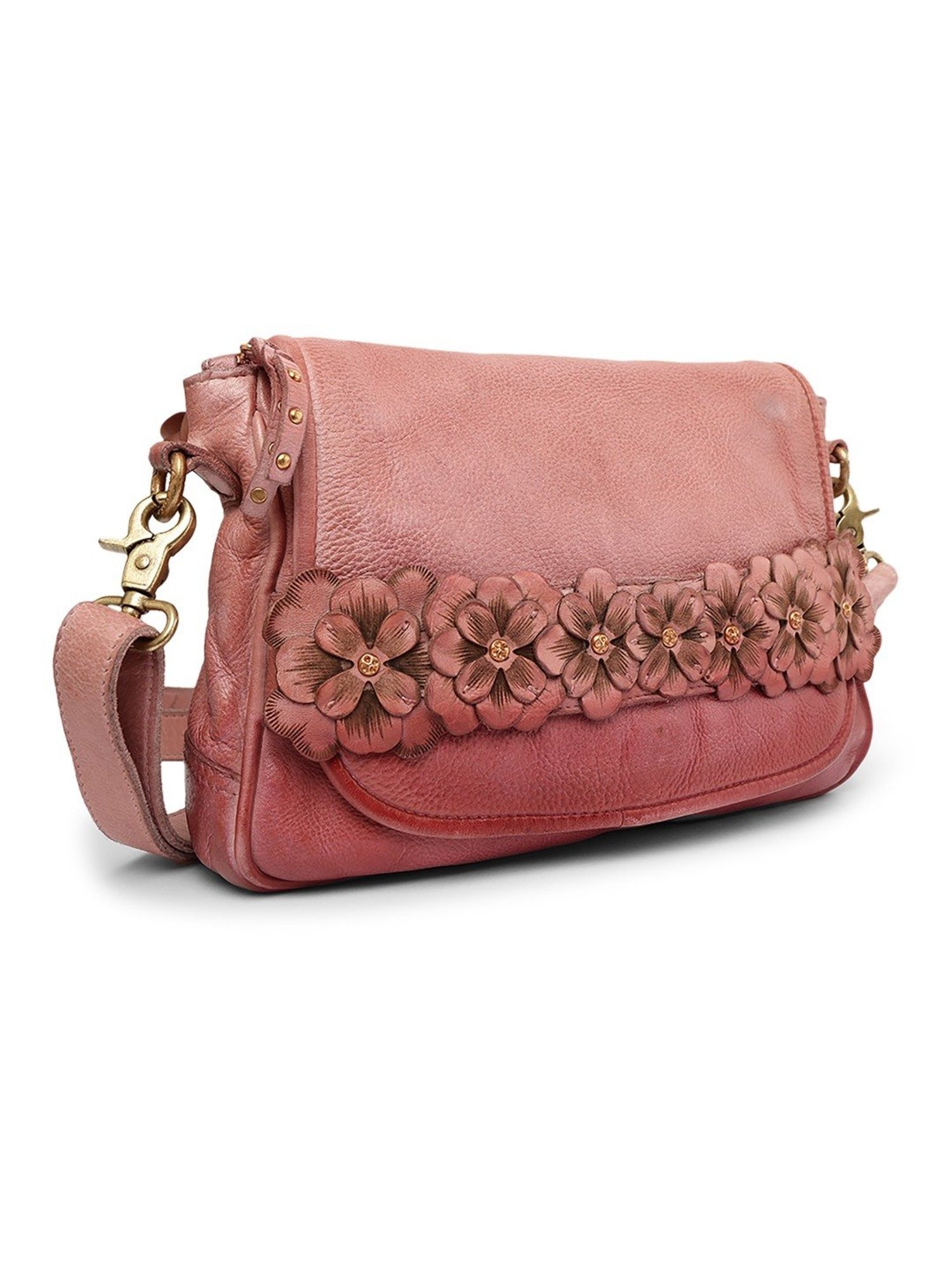 Art N Vintage Roseate Rose Pink Leather Floral Medium Sling Handbag