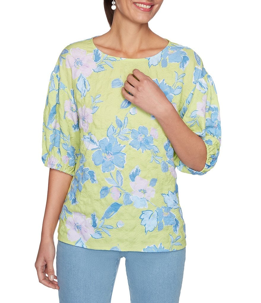 Ruby Rd. Floral Puckered Textured Ballet Neck Short Puff Sleeve Top