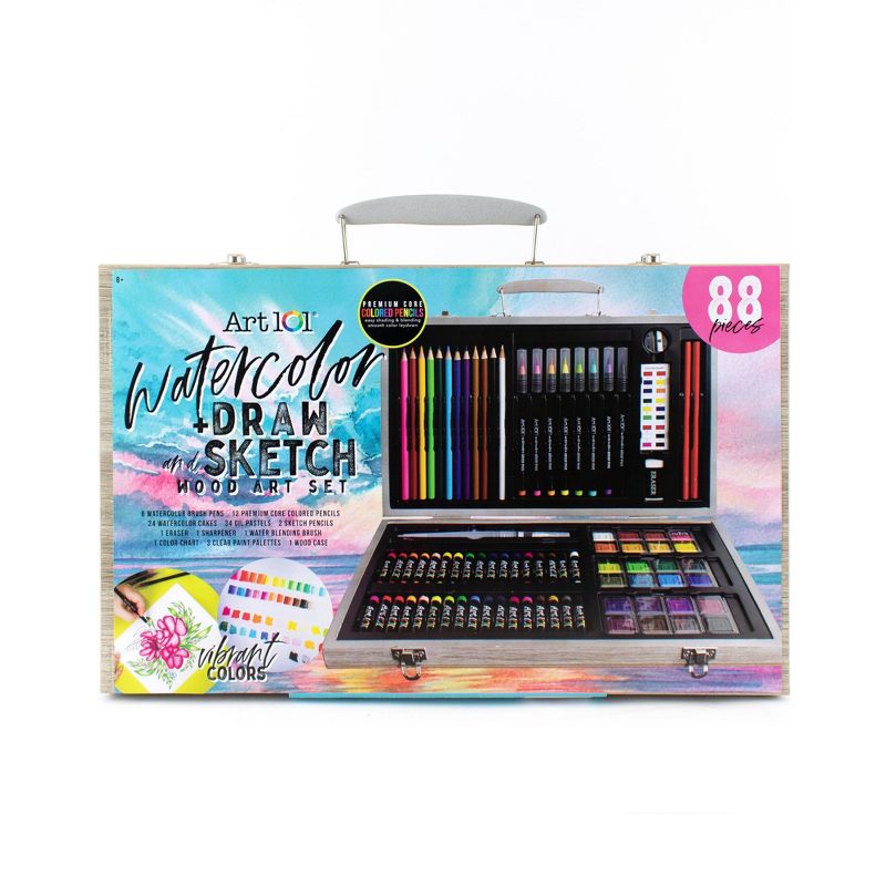 88pc Watercolor + Drawing Art Set in Wood Case - Art 101