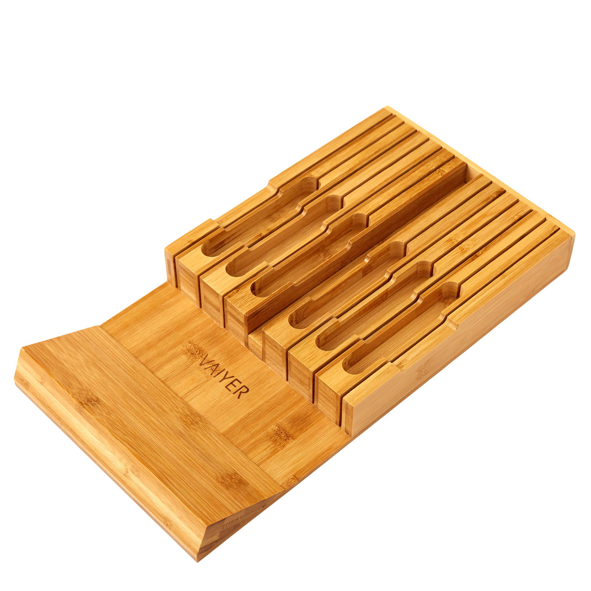 Vaiyer, In-Drawer Bamboo Knife Block Holds 12 Knives (Not Included), 
 Slot for your Knife Sharpener, Chef Knife Organizer Made from Quality Bamboo, Special Designed Angled Rest to Keep Blades down