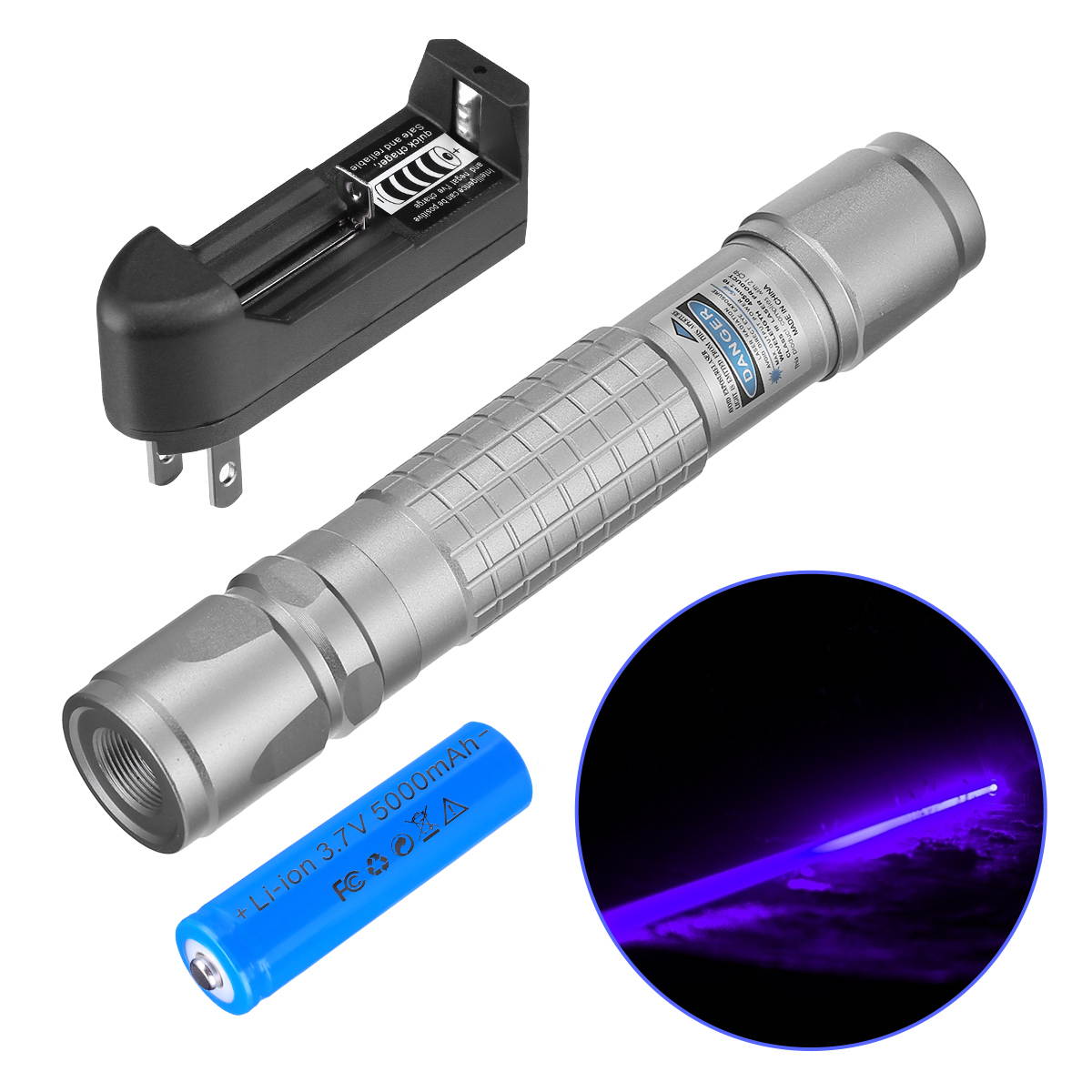 Purple Laser Pointer with Battery Charger Flashlight Visible Beam Light Outdoor Lighting Lasers Pen, Silver