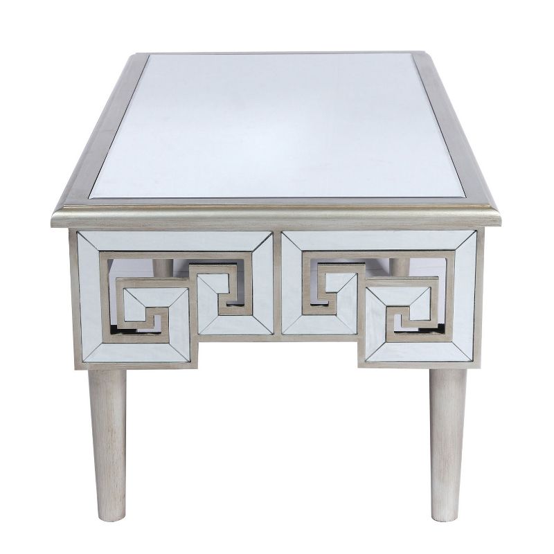 Wallace & Bay 47 Inch Mirror Top Rectangle Accent Coffee Table with Greek Style Key Pattern and Beveled Mirror Finish, Champagne
