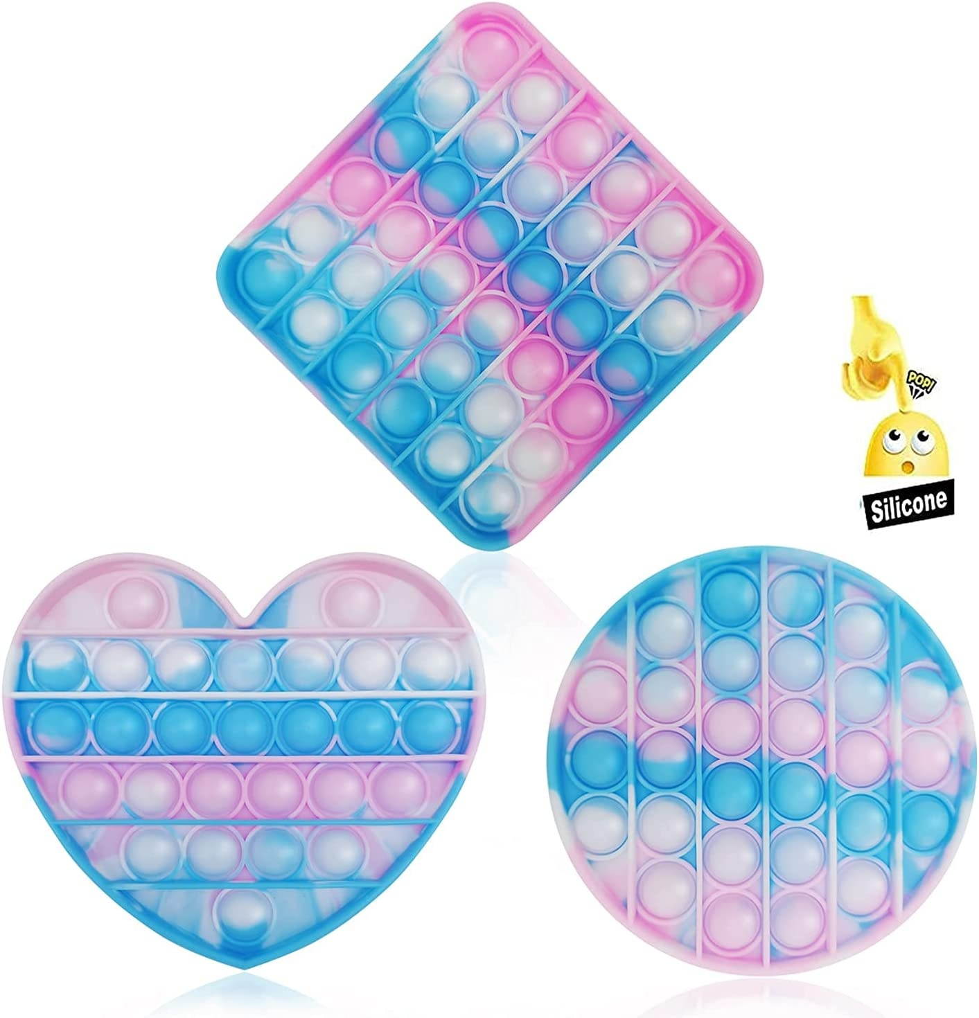 3PC Pop Bubble Fidget Sensory Toy,Stress Relief and Anti-Anxiety Toy for Kids and Adults,Autism Special Needs Stress Reliever Squeeze Silicone Toy(Blue &White &Pink )
