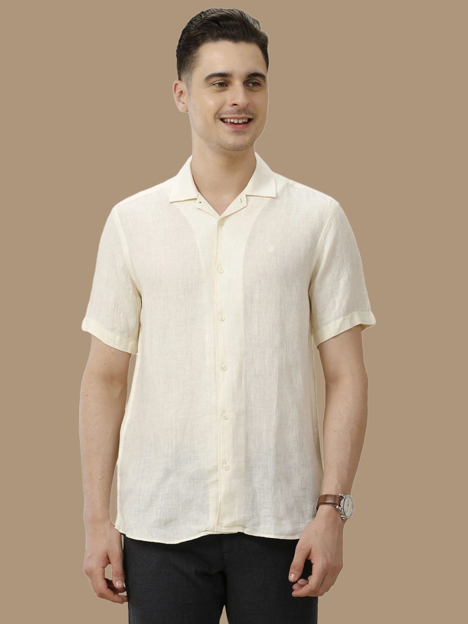 Linen Club Off White Linen Contemporary Fit Shirt