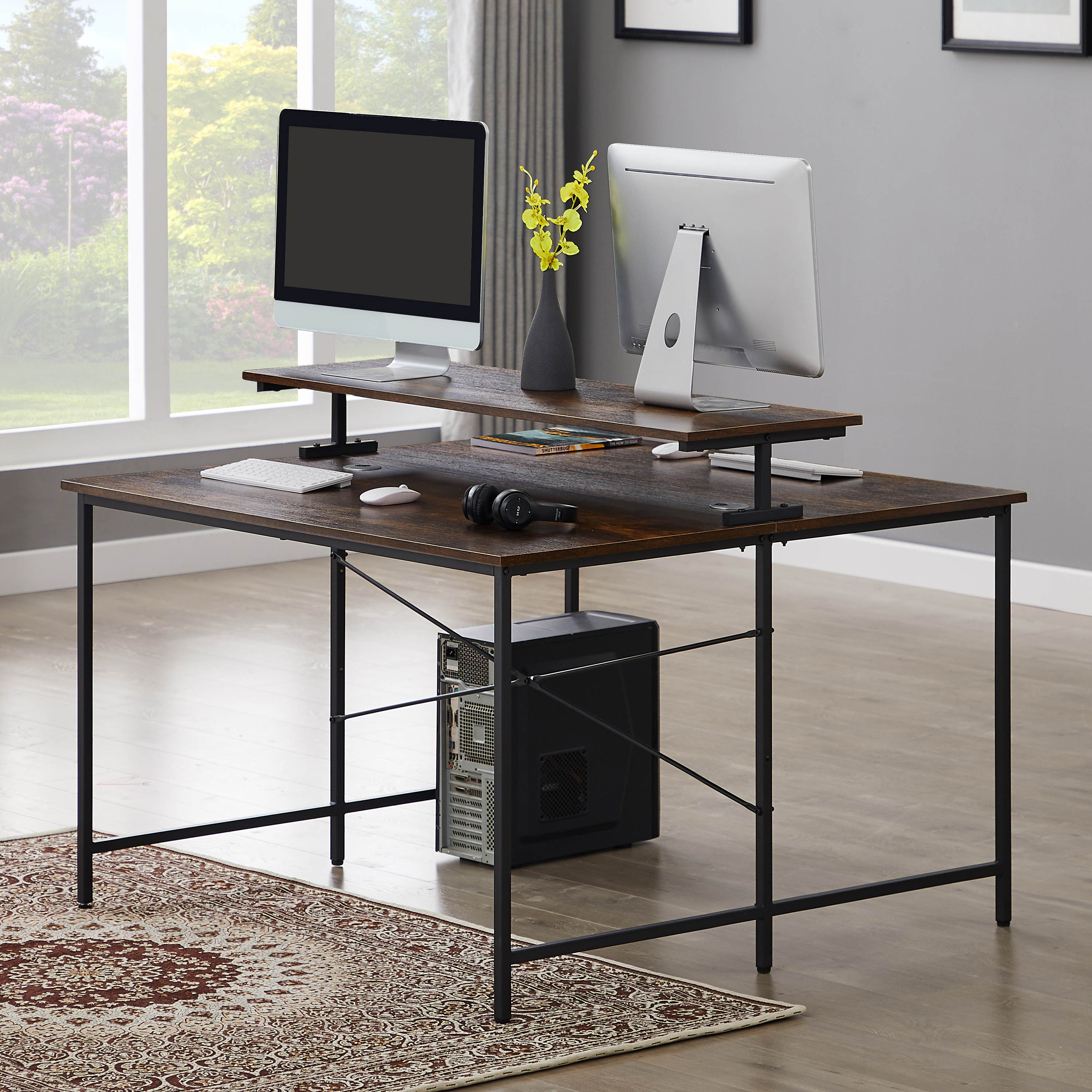 47" Two Person Computer Desk Double Workstation Extra Large Office Desk Gaming Desk with Monitor Shelf Brown