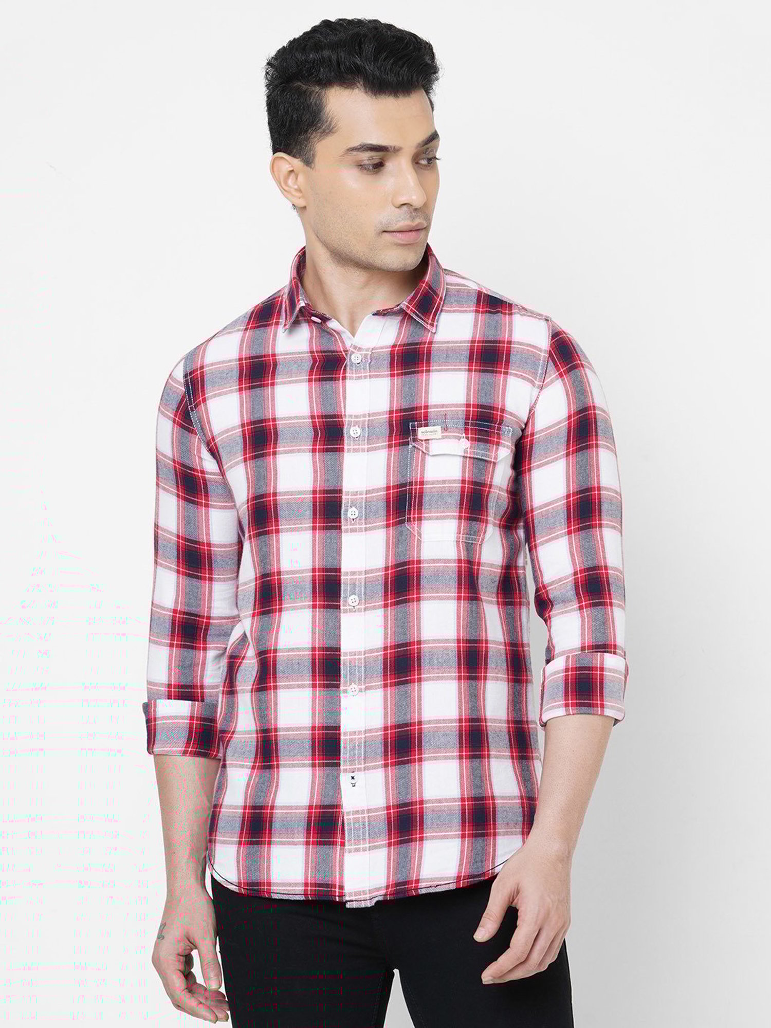 SOLEMIO White & Red Slim Fit Check Cotton Shirt