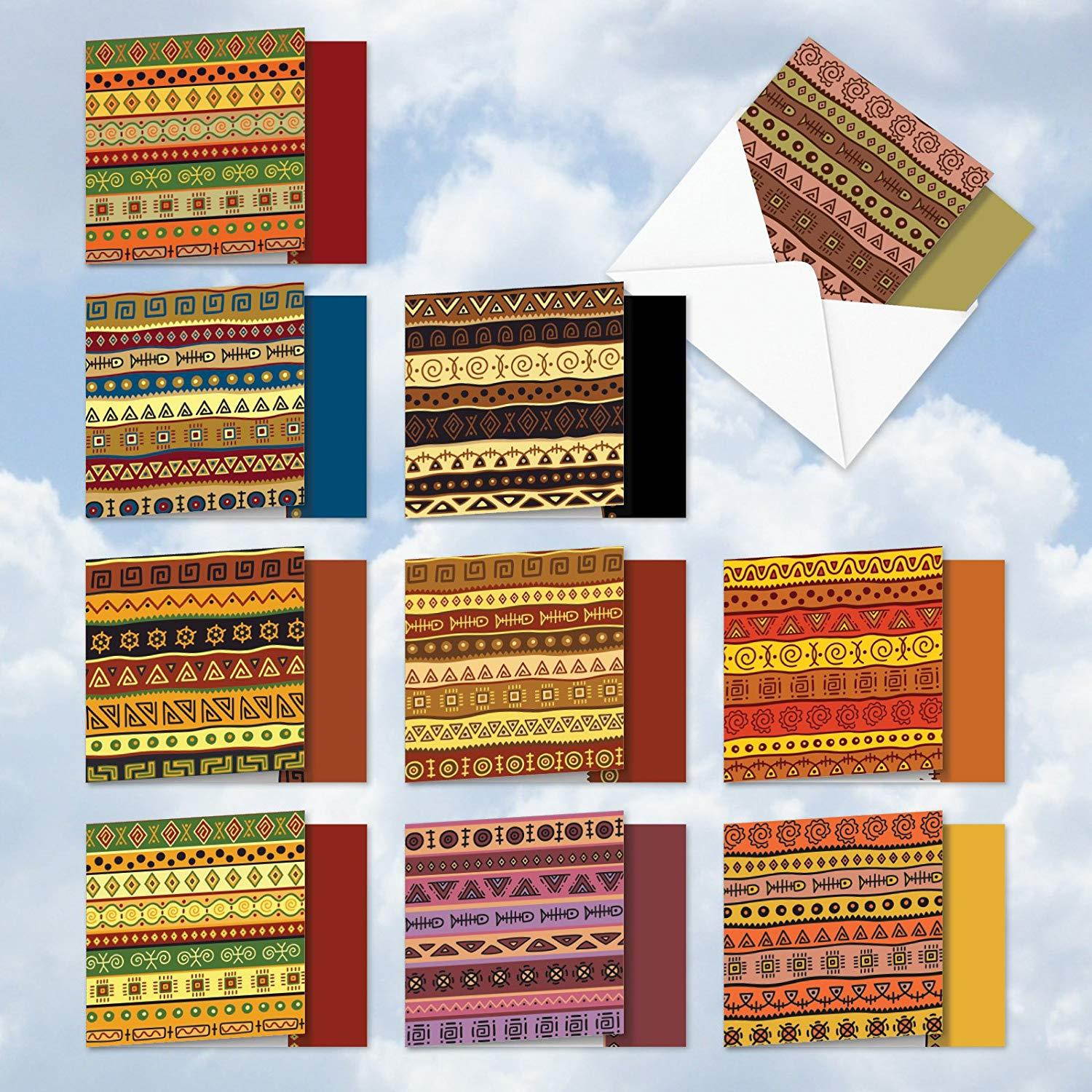 AMQ6116OCB-B1x10 African Motifs: 10 Assorted Set of Blank New 'Square-Top' Greeting Cards Featuring Authentic Images of Batik Designed Cloth, with Envelopes Size: (1 Each of 10 Designs Size: 4" x 5")