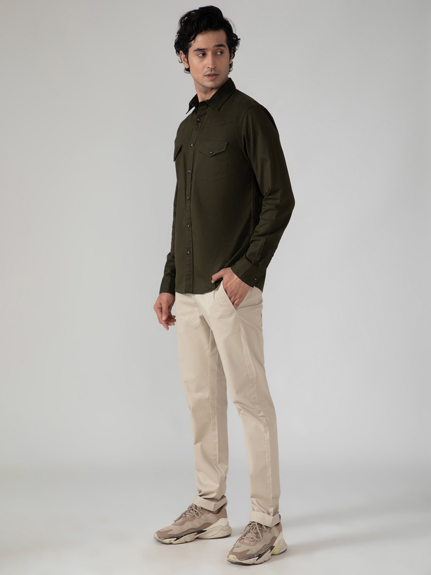 SUBTRACT Olive Regular Fit Cotton Shirt