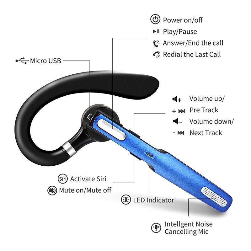 Bluetooth Headset  Wireless Bluetooth Earpiece V41 HandsFree Earphones with Stereo Noise Canceling Mic Compatible iPhone Android Cell Phones DrivingBusinessOffice Blue