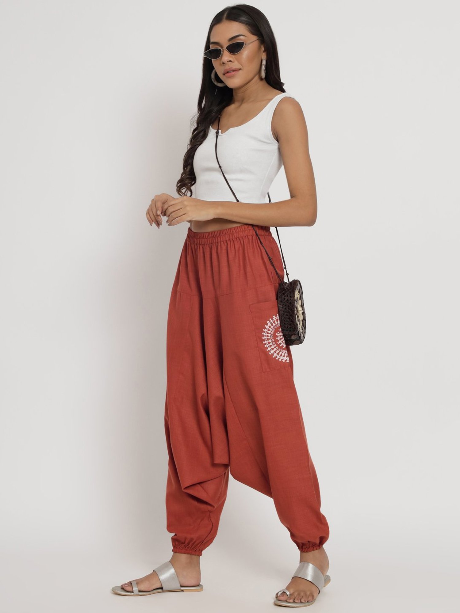 9rasa Rust Cotton Printed Regular Fit High Rise Pants